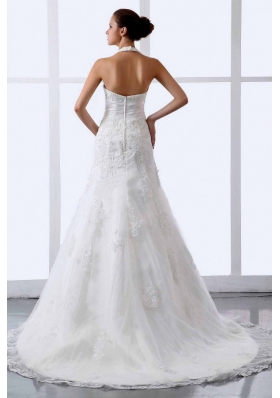 Halter Appliques Tulle Court Train Wedding Dress V-neck