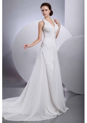 Halter White Chiffon Wedding Gown Dress Appliques