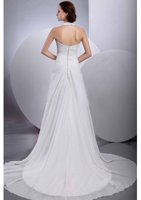 Halter White Chiffon Wedding Gown Dress Appliques