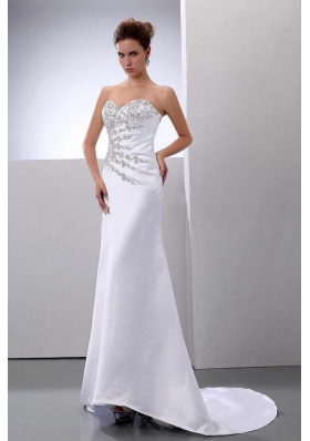 Beading Sweep Train Satin Column Wedding Dress