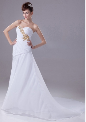 Ruched Appliques Chiffon Court Train White Wedding Dress