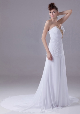 Ruched Appliques Chiffon Court Train White Wedding Dress