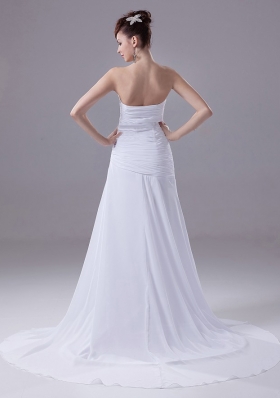 Ruched Appliques Chiffon Court Train White Wedding Dress