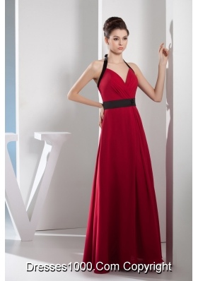 2013 Simple Column Halter Sash Long Red Prom Dress