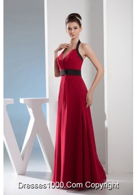 2013 Simple Column Halter Sash Long Red Prom Dress