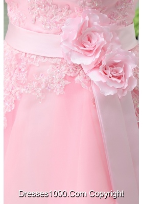 A-line Baby Pink Strapless Ruffles Lace Sash Prom Dress