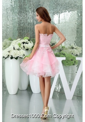 A-line Baby Pink Strapless Ruffles Lace Sash Prom Dress