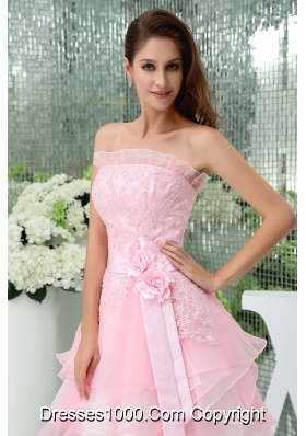 A-line Baby Pink Strapless Ruffles Lace Sash Prom Dress