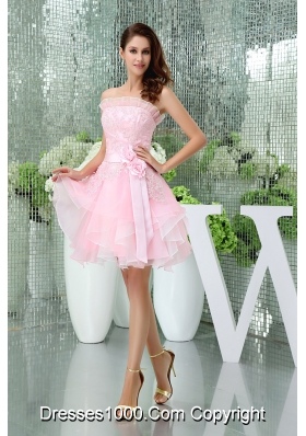 A-line Baby Pink Strapless Ruffles Lace Sash Prom Dress