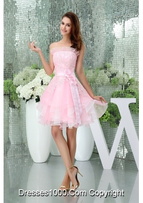 A-line Baby Pink Strapless Ruffles Lace Sash Prom Dress