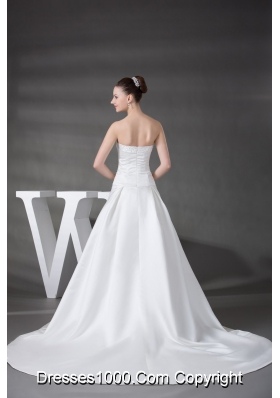 A-line Beading Satin Strapless Chapel Train Wedding Dress