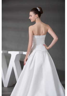 A-line Beading Satin Strapless Chapel Train Wedding Dress