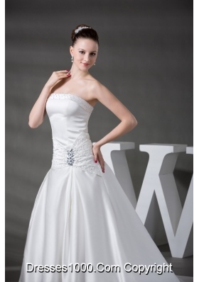 A-line Beading Satin Strapless Chapel Train Wedding Dress