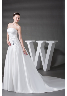 A-line Beading Satin Strapless Chapel Train Wedding Dress