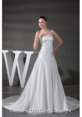 A-line Beading Satin Strapless Chapel Train Wedding Dress