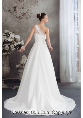 A-line One Shoulder Ruching Lace Court Train Wedding Dress