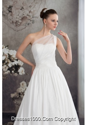 A-line One Shoulder Ruching Lace Court Train Wedding Dress