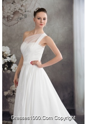 A-line One Shoulder Ruching Lace Court Train Wedding Dress