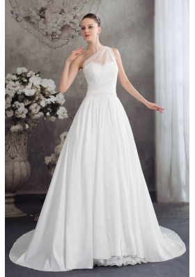 A-line One Shoulder Ruching Lace Court Train Wedding Dress