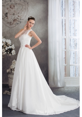 A-line One Shoulder Ruching Lace Court Train Wedding Dress