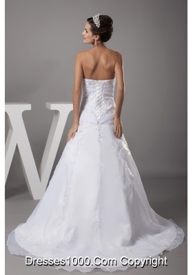 A-line Strapless Court Train Appliques Wedding Dress