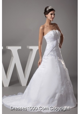 A-line Strapless Court Train Appliques Wedding Dress