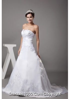 A-line Strapless Court Train Appliques Wedding Dress