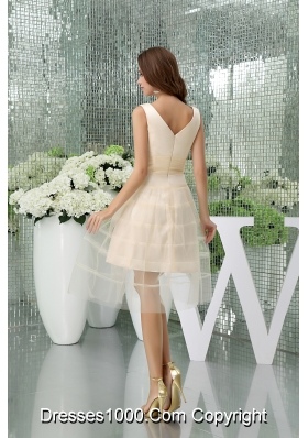 A-line V-neck Short Champagne Tulle Prom Dress