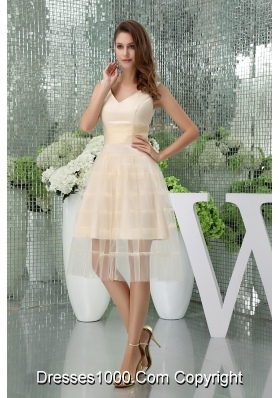 A-line V-neck Short Champagne Tulle Prom Dress