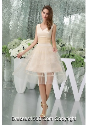 A-line V-neck Short Champagne Tulle Prom Dress