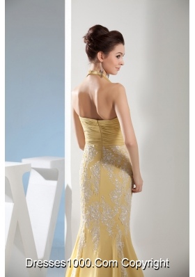 Appliques Mermaid Halter Gold Brush Train Prom Dress