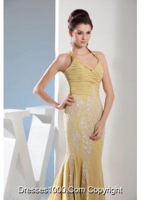 Appliques Mermaid Halter Gold Brush Train Prom Dress