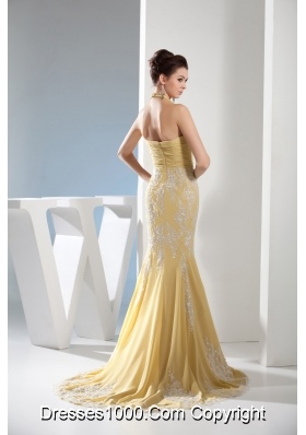 Appliques Mermaid Halter Gold Brush Train Prom Dress