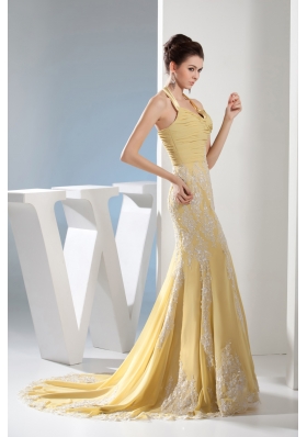 Appliques Mermaid Halter Gold Brush Train Prom Dress