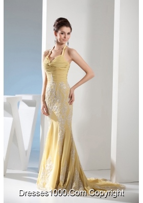 Appliques Mermaid Halter Gold Brush Train Prom Dress