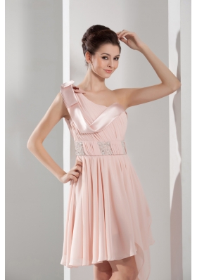 Beading A-Line One Shoulder Short Pink Prom Dress