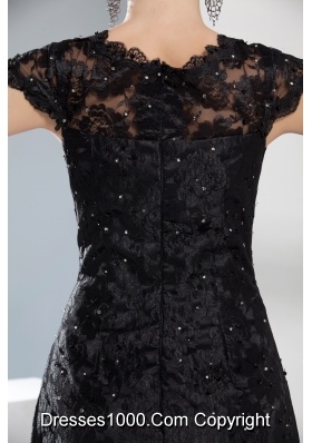 Beading Black Lace V-neck Column Brush Train Prom Dress