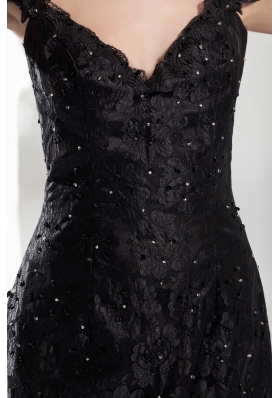 Beading Black Lace V-neck Column Brush Train Prom Dress