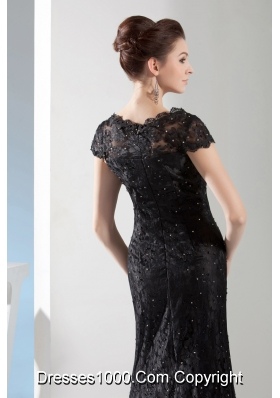 Beading Black Lace V-neck Column Brush Train Prom Dress