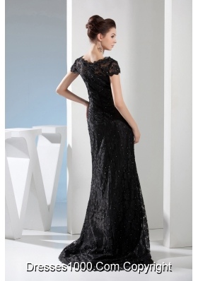 Beading Black Lace V-neck Column Brush Train Prom Dress