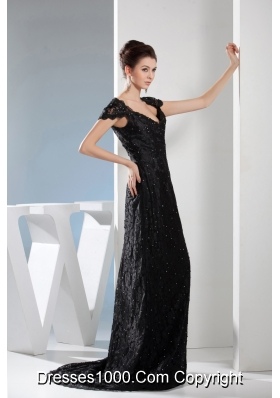 Beading Black Lace V-neck Column Brush Train Prom Dress