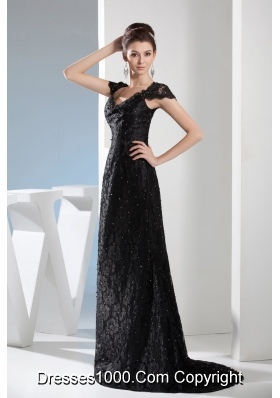 Beading Black Lace V-neck Column Brush Train Prom Dress