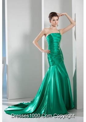 Beading Mermaid Green Court Train One Shoulder Prom Dress