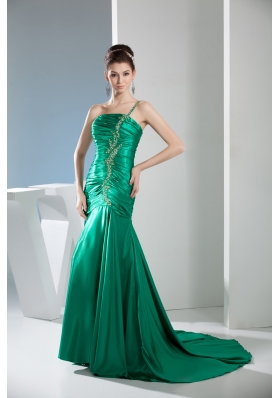 Beading Mermaid Green Court Train One Shoulder Prom Dress