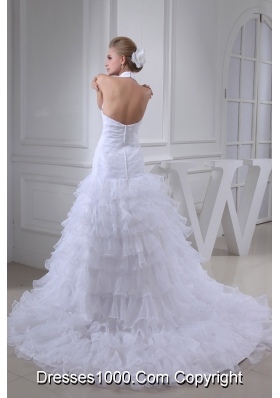 Beading Ruffles A-line Halter Court Train  Wedding Dress