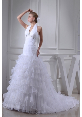 Beading Ruffles A-line Halter Court Train  Wedding Dress