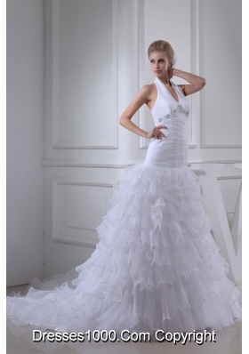 Beading Ruffles A-line Halter Court Train  Wedding Dress