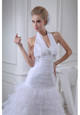 Beading Ruffles A-line Halter Court Train  Wedding Dress