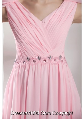 Beading V-neck Empire long Pink Prom Dress with Side Zipper