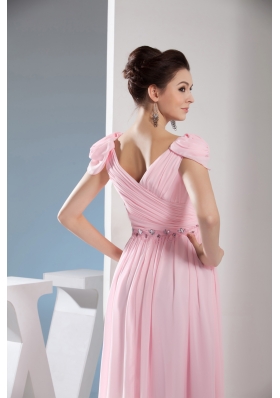 Beading V-neck Empire long Pink Prom Dress with Side Zipper